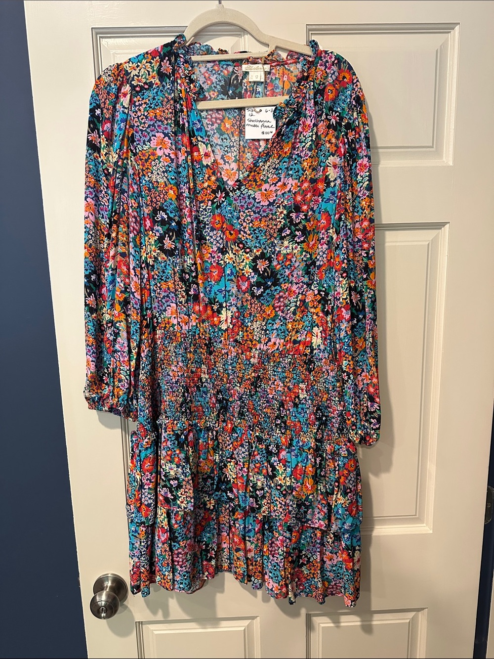 Shoshanna Teal & Black Floral Long-Sleeve Mini Dress